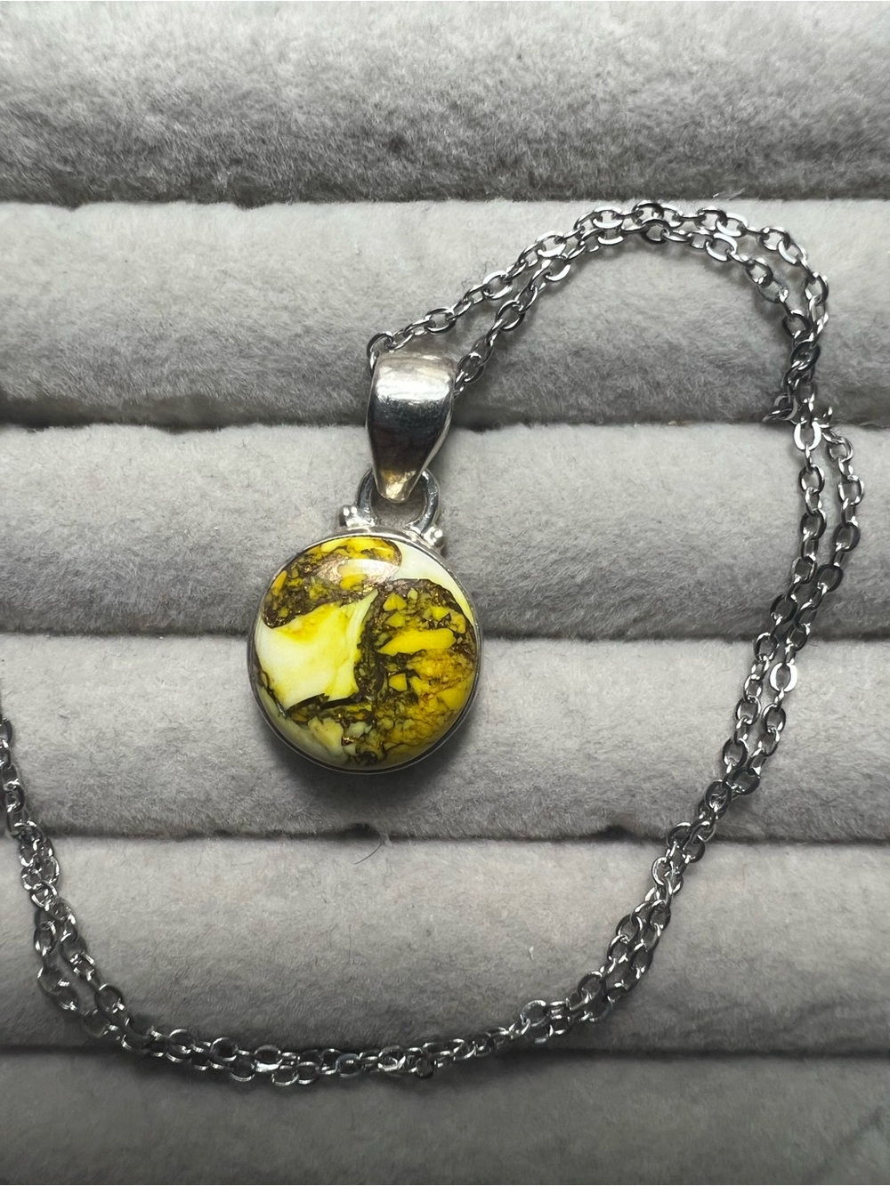 Yellow Copper Turquoise Round Silver Pendant Necklace